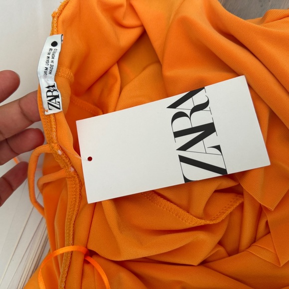 Zara Dress Women's Draped Neckline Fitted Slip Fit Vibrant Orange Summer Dress M - Picture 6 of 12